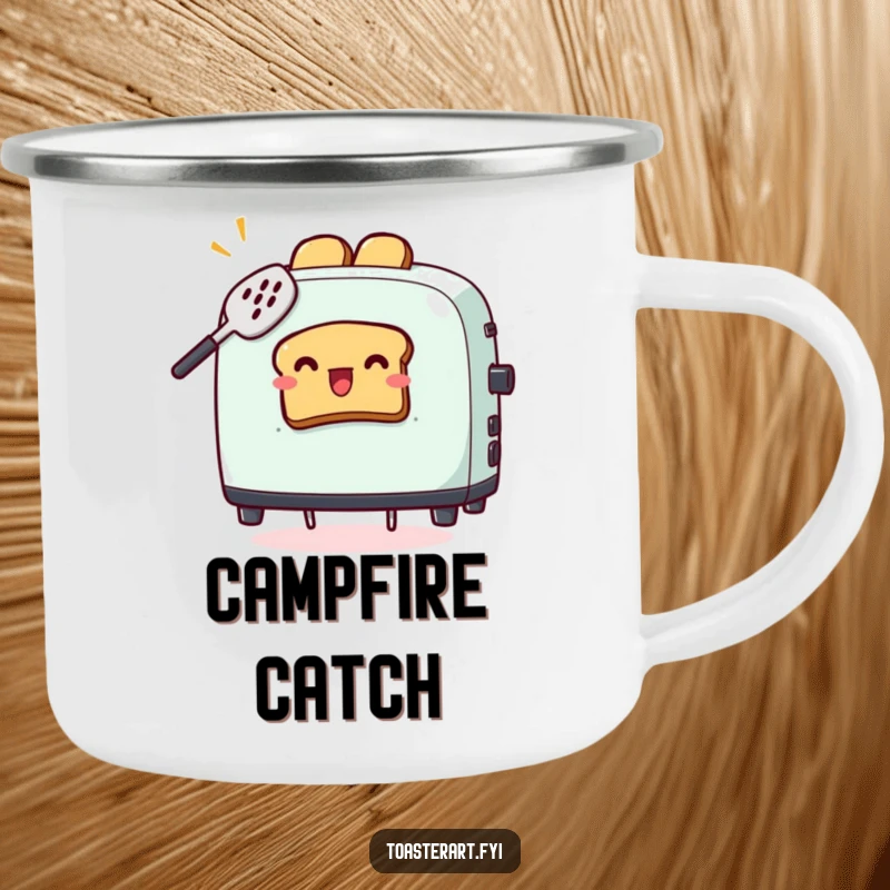 Funny camping mug with a toaster character comically trying to catch flying toast with a spatula, perfect for humorous outdoor mornings.