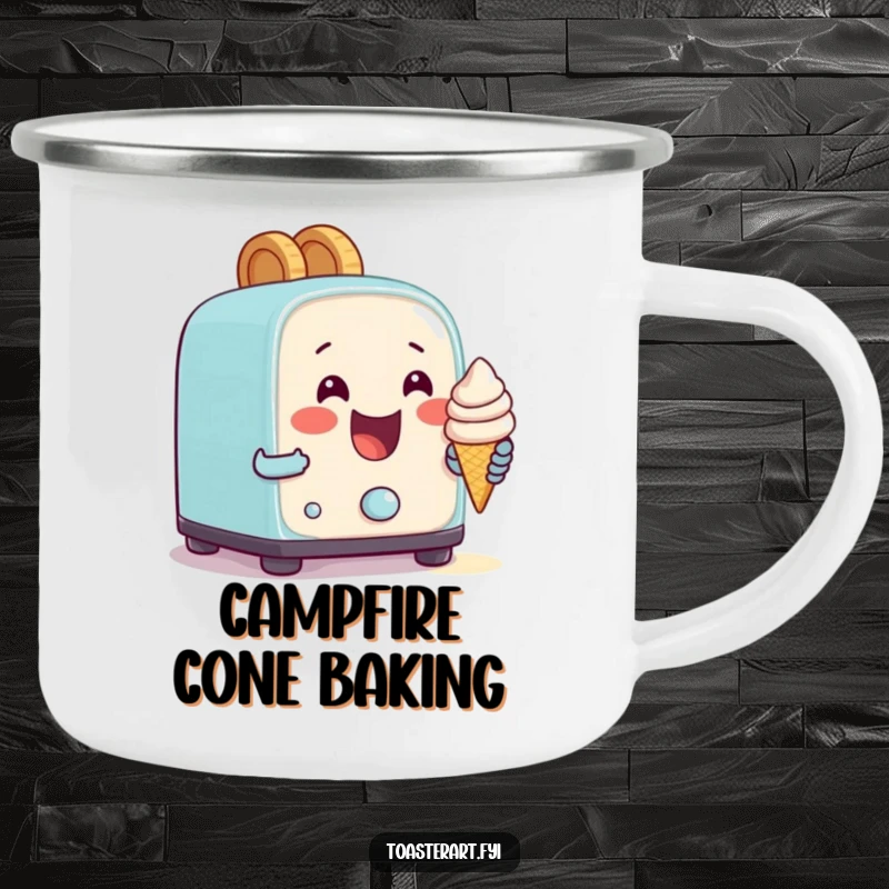 Funny camping mug of a happy toaster character attempting to bake a tiny ice cream cone, for comedic outdoor enjoyment.