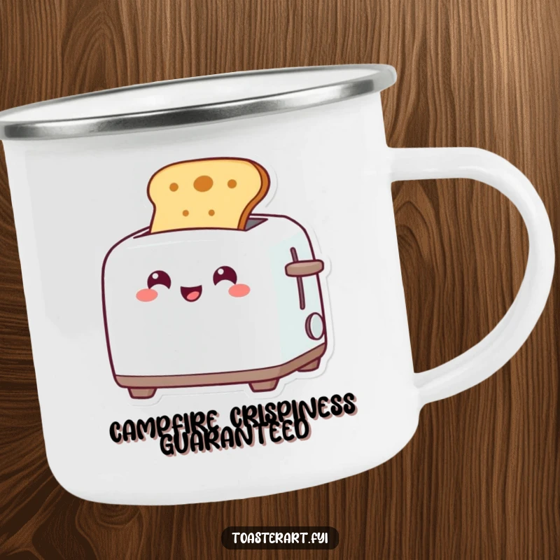 Funny camping mug featuring a grinning toaster character popping up toast, perfect for outdoor enthusiasts who appreciate breakfast humor.