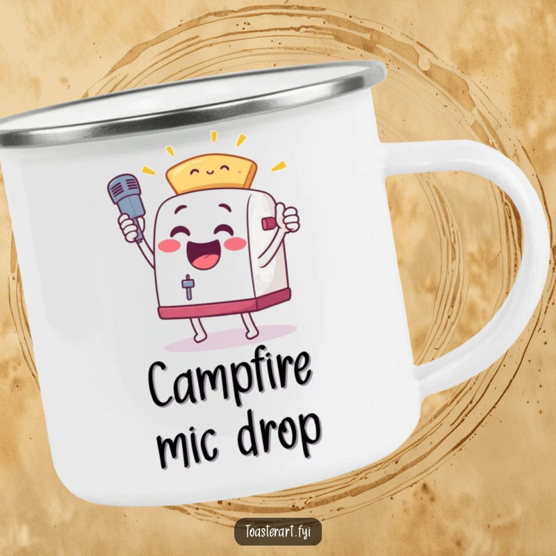 Funny, excited toaster character in a mic drop pose with toast on a durable camping mug, perfect for celebrating outdoor achievements.