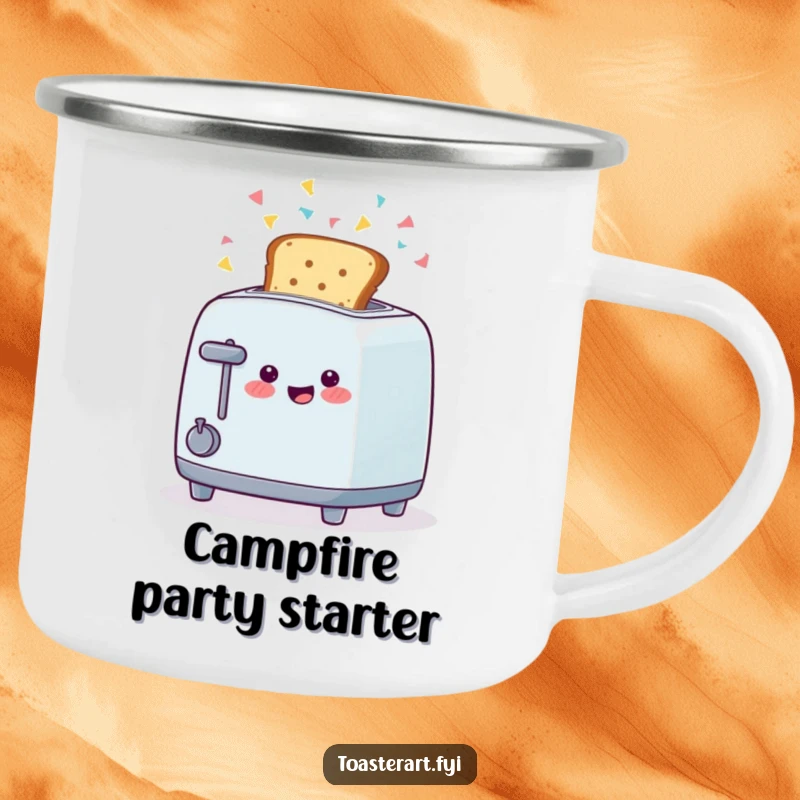 Funny camping mug featuring a happy toaster character ejecting toast with confetti, perfect for adding festive humor outdoors.
