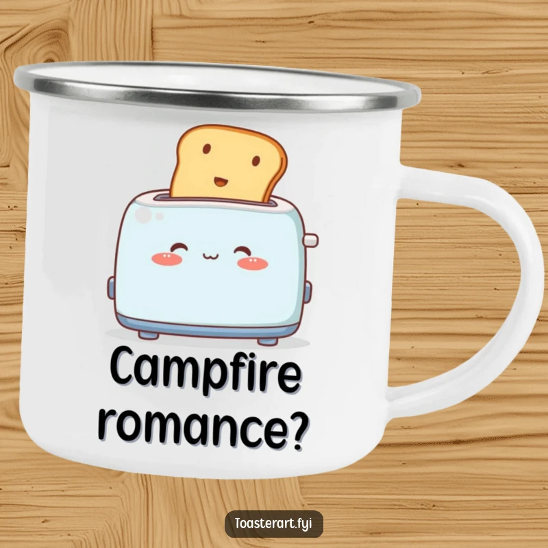 Funny Camping Mug: A cute toaster character blushes as toast pops out, a humorous and charming camp cup.
