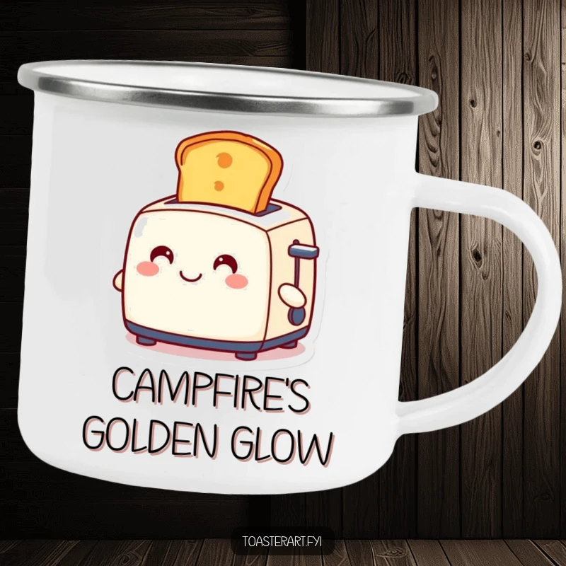 Funny camping mug showcasing a smiling toaster character ejecting a golden slice of toast, durable and amusing for outdoor enjoyment.