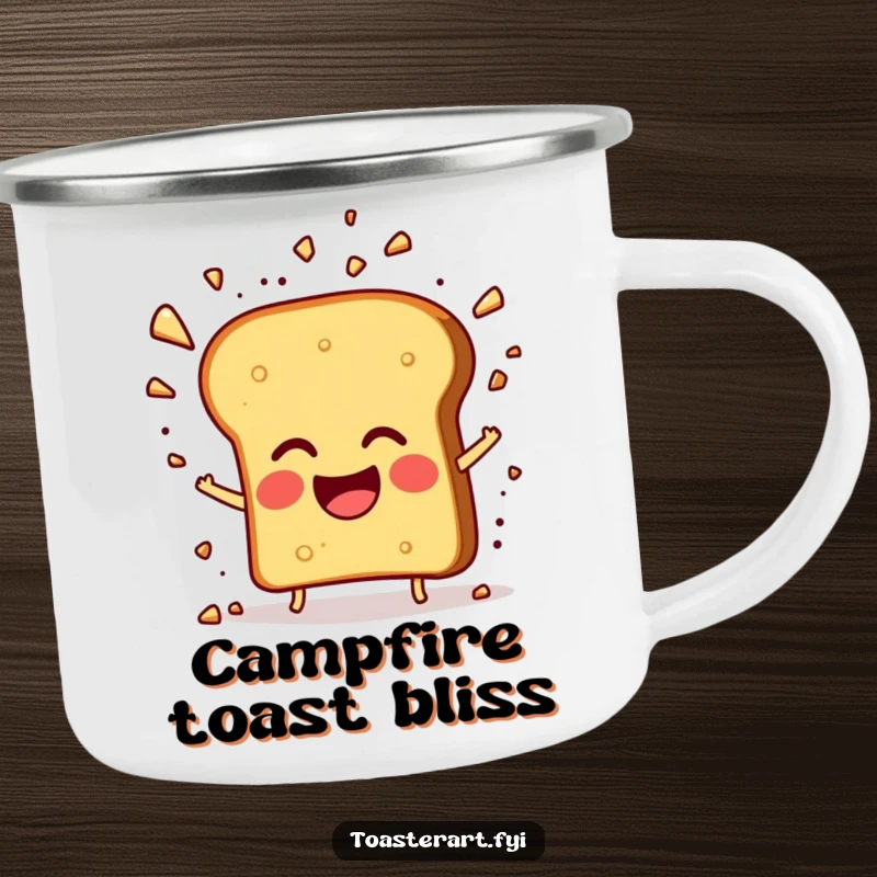 Funny camping mug with a giggling toast character and crumb explosion, perfect for outdoor coffee and humor.