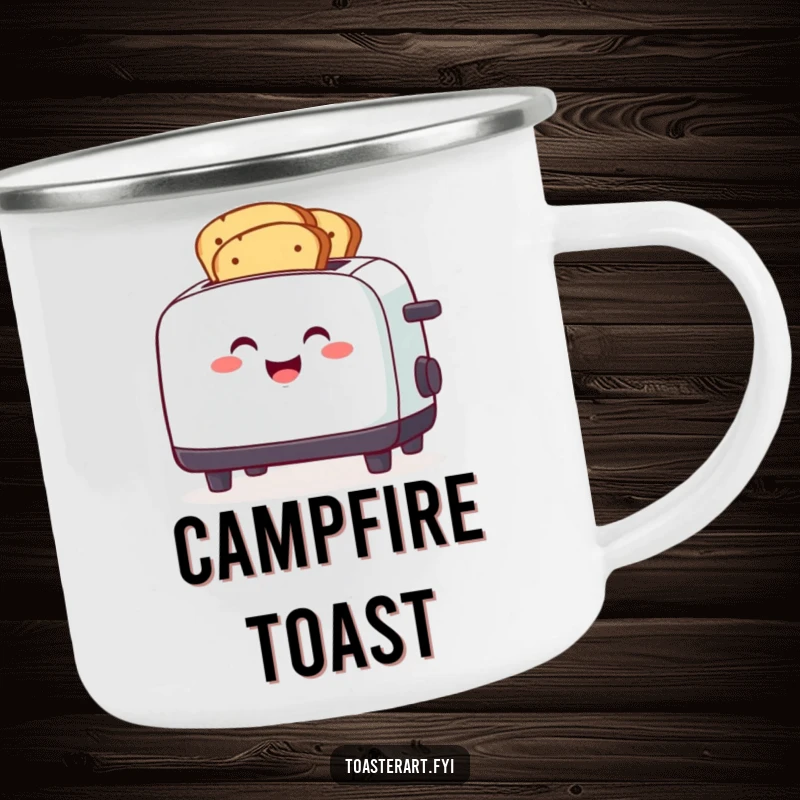 Funny smiling toaster character toasting multiple bread slices, a durable and funny camping mug.