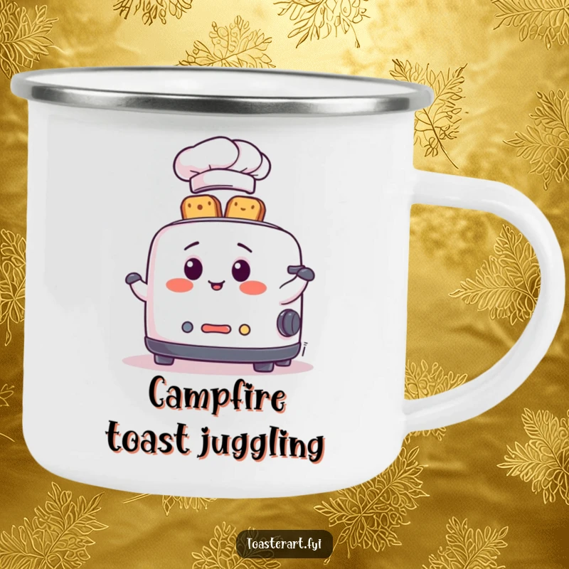 Funny Camping Mug showing a talented toaster chef in a hat, juggling toast slices, ready for outdoor culinary fun.