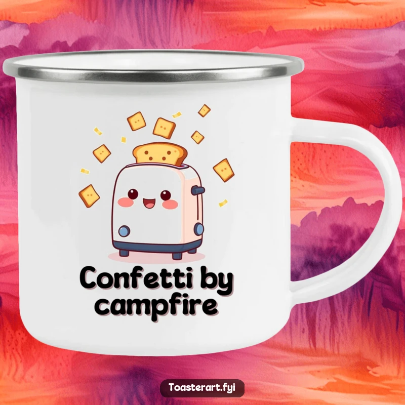 Funny toaster character ejecting toast slices like confetti, durable enamel camping mug, perfect for outdoor brews and festive moments.
