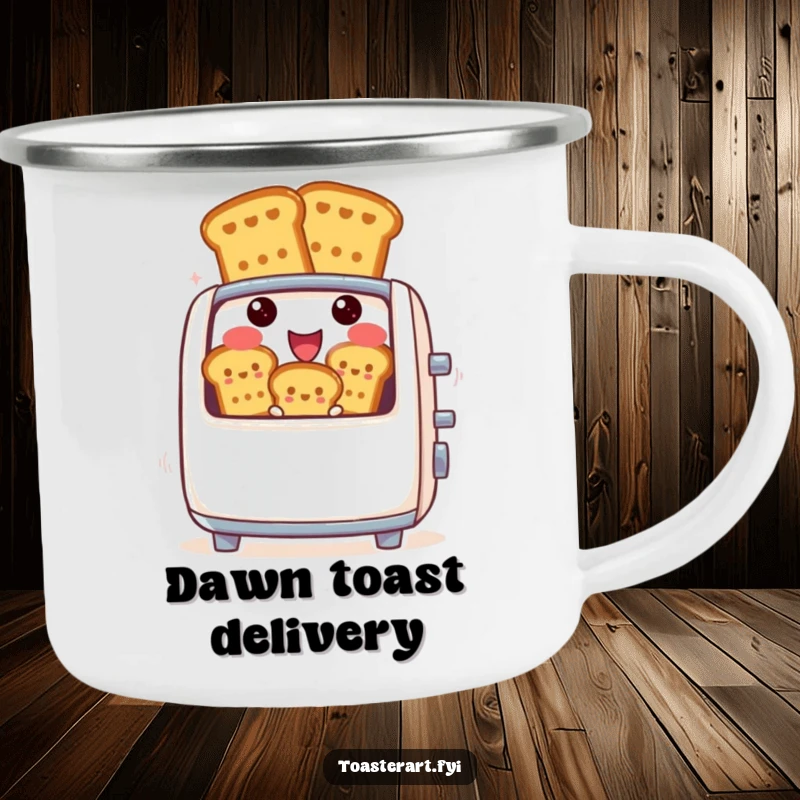 Funny camping mug with a cheerful toaster character ready to eject toast, perfect for enjoying coffee by the campfire.