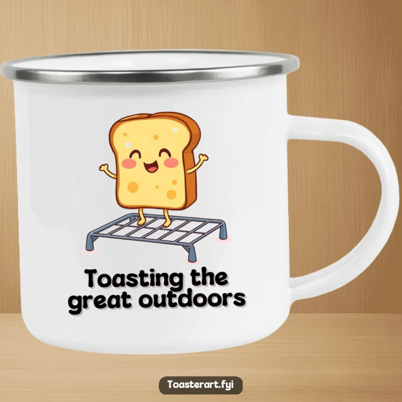 Funny camping mug with a cheerful toast character doing a jig on a toasting rack, for breakfast beats outdoors.