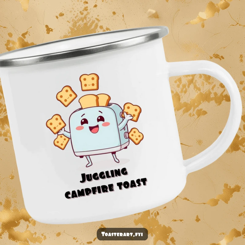 Funny camping mug featuring a giggling toaster character juggling bread slices. Perfect for outdoor use and humorous trips.