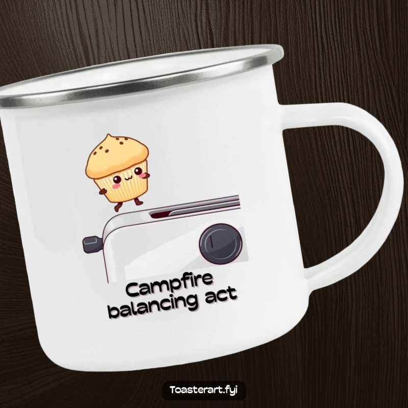Funny kawaii muffin balancing on a toaster edge on a camping mug, a humorous and durable design.