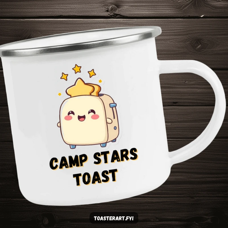 Funny Camping Mug showing a joyful toaster character popping out star toast, ready for outdoor enjoyment and magical sips.