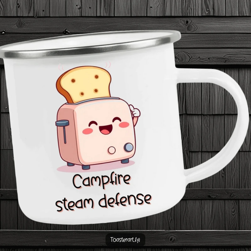 Funny camping mug of a smiling toaster character fanning steam with a giant bread slice, for comedic outdoor relaxation.