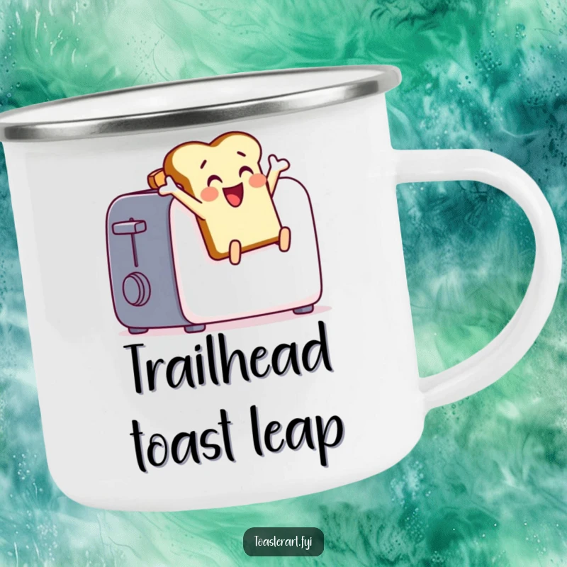 Funny toast character leaping from a toaster on a camping mug, a humorous and durable design.