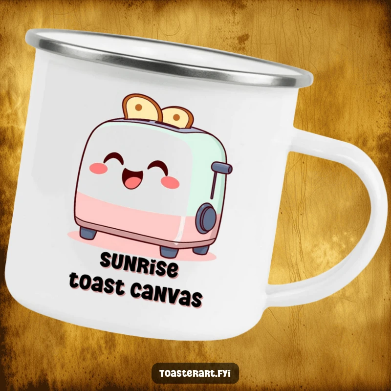 Funny camping mug with a giggling toaster character making toast art, durable and humorous drinkware.