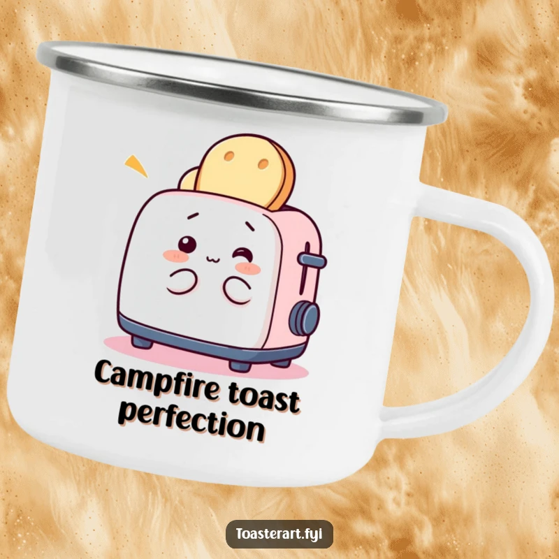 Funny camping mug with a whimsical toaster character playing with bread, perfect for enjoying breakfast drinks outdoors.