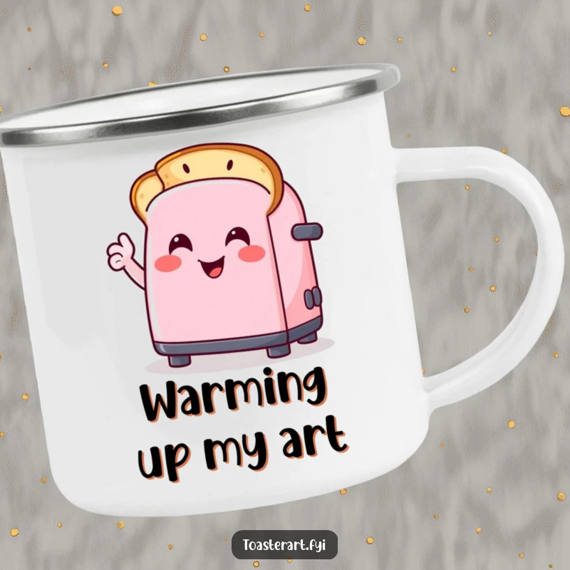 Funny camping mug with a happy toaster character drawing a smiley face on toast, ready for outdoor adventures and morning brews.