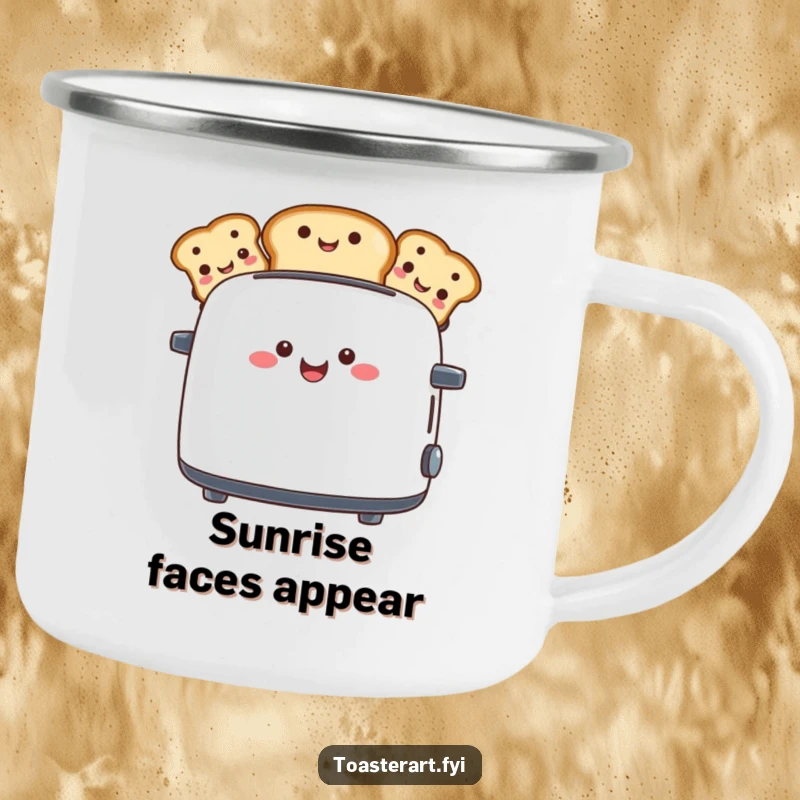 Funny camping mug showcasing a toaster character popping up toast with funny faces, durable and amusing for outdoor enjoyment.
