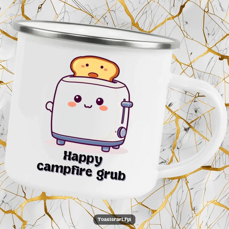 Funny, playful toaster character showing off a smiley toast on a durable camping mug, perfect for cheerful outdoor adventures.