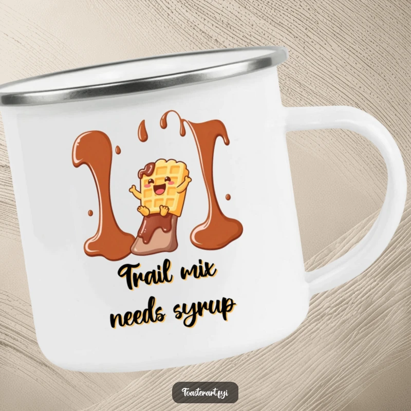 Funny waffle character sliding down a chocolate syrup slide on this rugged camping mug, ideal for outdoor humor.
