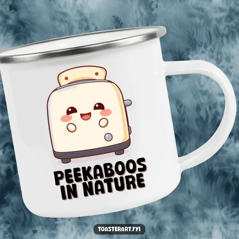 Funny toaster character laughing and peeking from toast slots on a durable camping mug, perfect for humorous outdoor enjoyment.