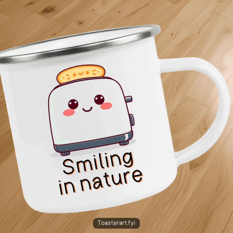 Funny cheerful toaster camping mug, toast forming smiley patterns, humorous outdoor essential.