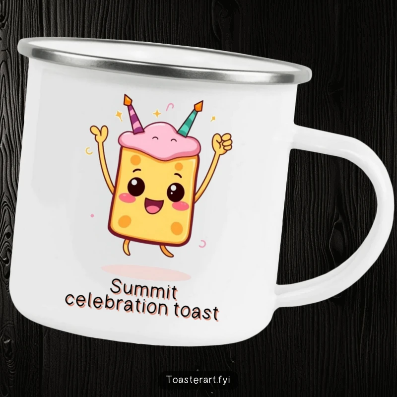 Funny toast camping mug displaying a jumping character in a celebratory pose, perfect for outdoor enjoyment with a festive twist.