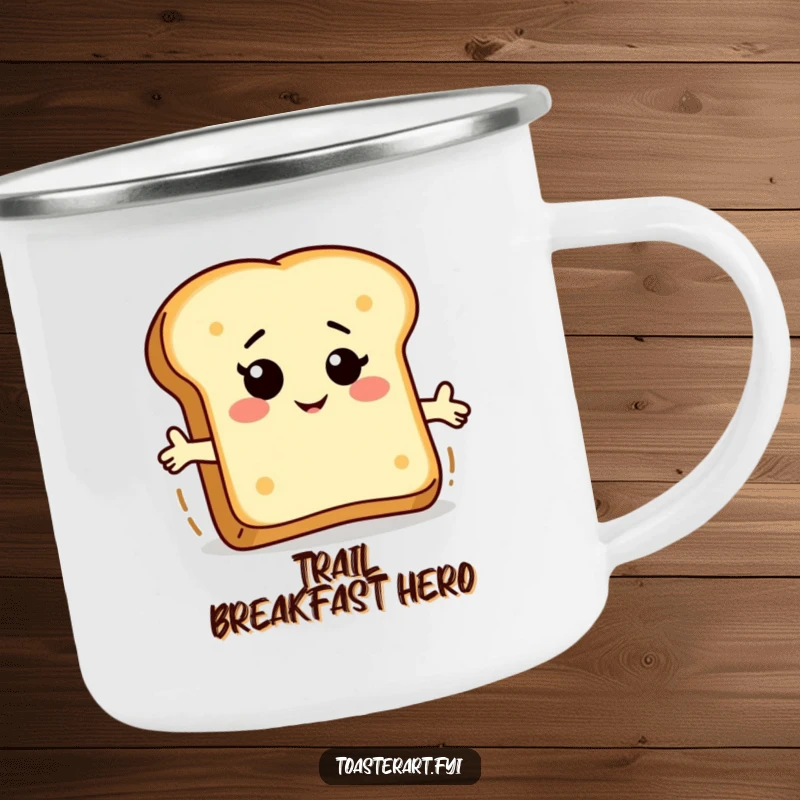Funny bread slice camping mug displaying a winking character riding toast, perfect for outdoor enjoyment with a fun breakfast theme.