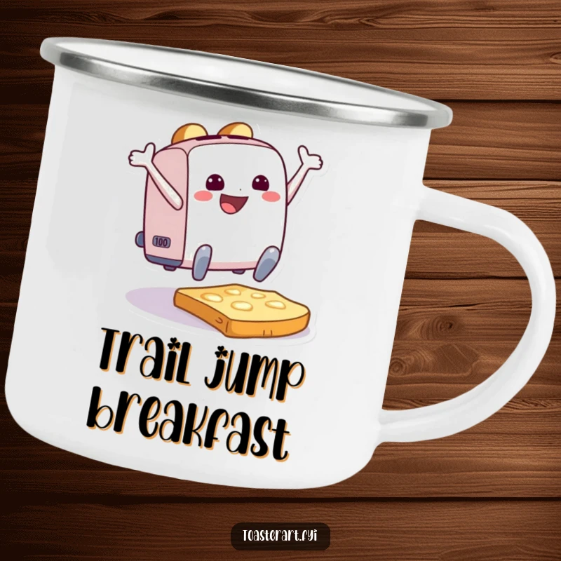 Funny Camping Mug showing a happy toaster character leaping onto toast, ready for outdoor enjoyment and cheerful sips.