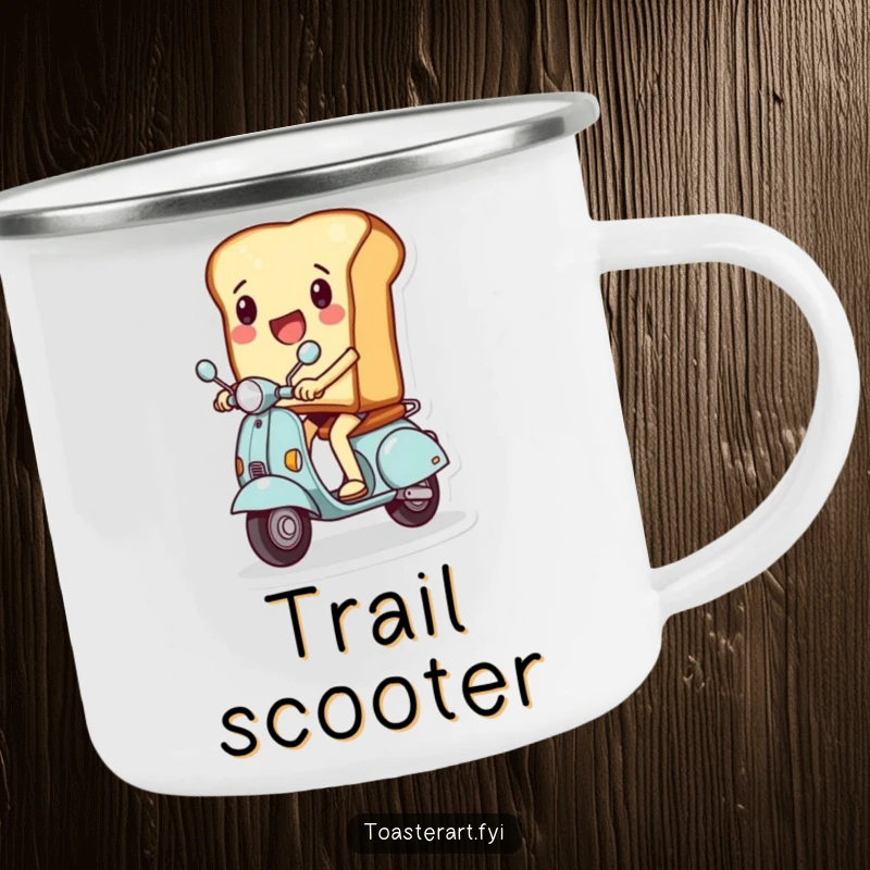 Funny camping mug depicting a slice of toast character excitedly riding a miniature scooter, perfect for outdoor enjoyment and speedy fun.