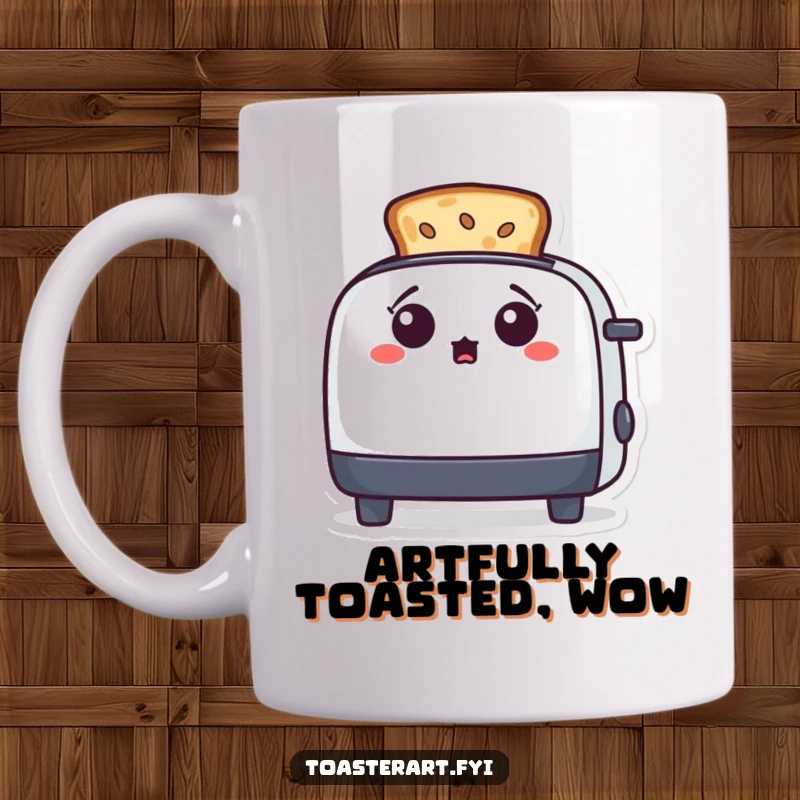 Funny, surprised toaster character looking at toast presented as art on a mug, celebrating unexpected breakfast creativity.
