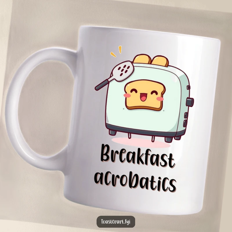 Funny mug showing a toaster character comically failing to catch flying toast with a spatula, chaotic breakfast humor.