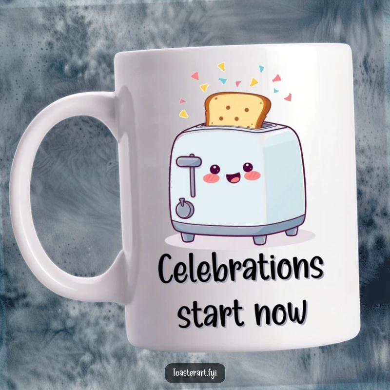Funny mug with a happy toaster character launching toast amidst a shower of colorful confetti, a jubilant breakfast scene.