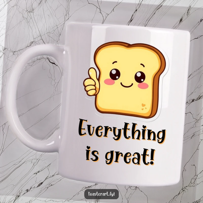Funny mug with a cheerful toast character giving a prominent thumbs up, radiating positivity and breakfast cheer.