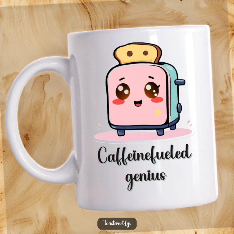 Funny Mug: A toaster with glowing eyes comically creates abstract art using toast slices, a bizarre and humorous scene.