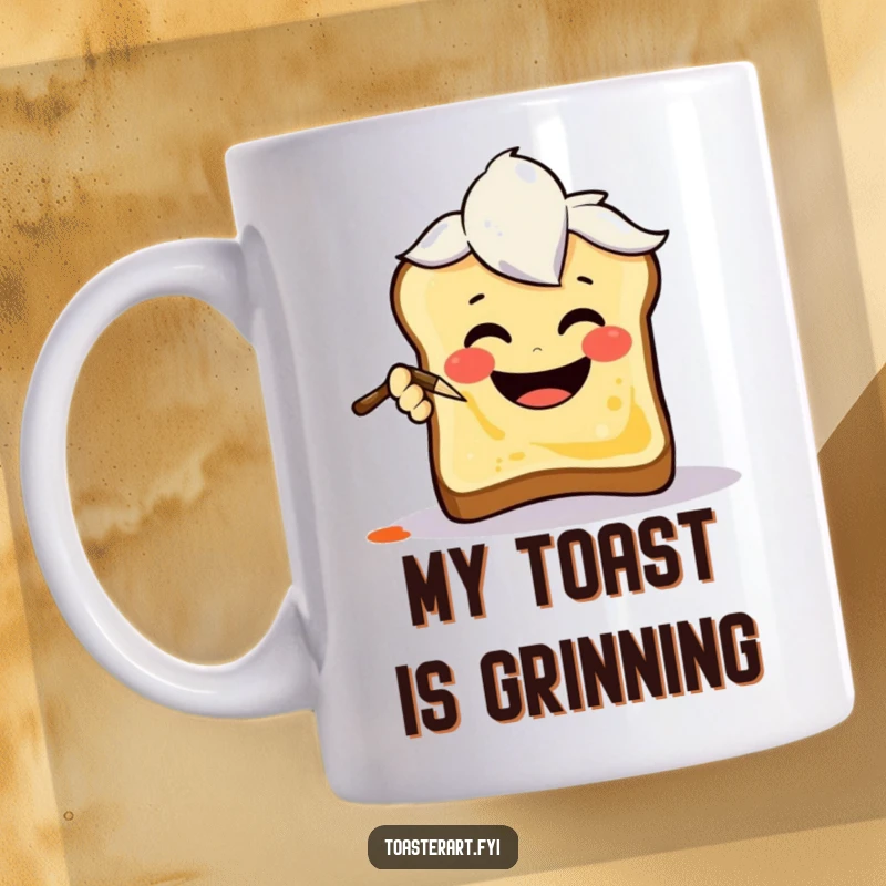 Funny Mug featuring a joyful art brush character happily painting a smiley face onto a slice of toast, a delightful breakfast art scene.