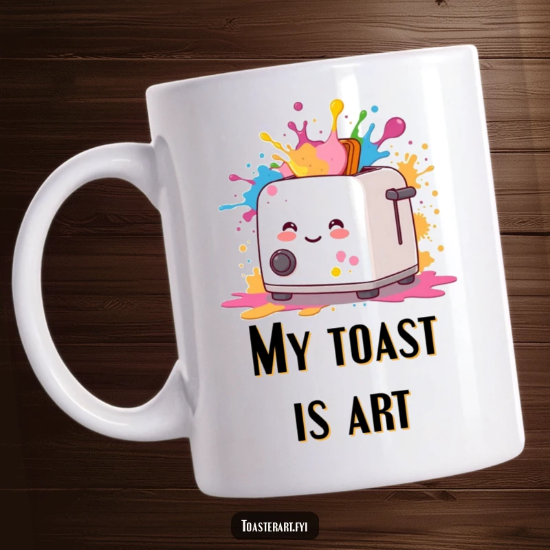 Funny mug art of a smiling toaster artistically emitting colorful paint splatters with joyful abandon.