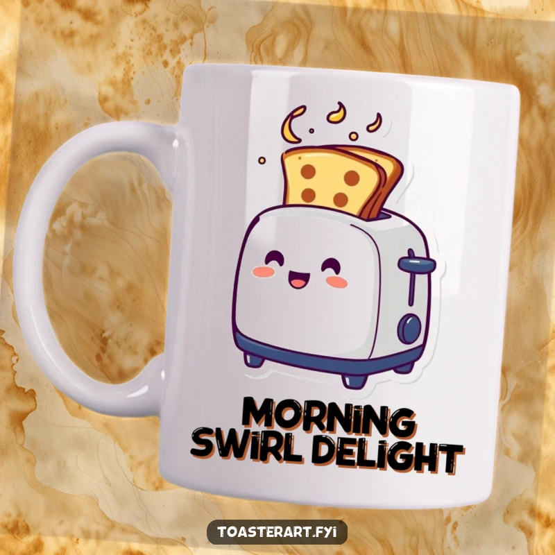 Funny artistic toaster mug with toast emerging in a creative swirl, a whimsical breakfast item.