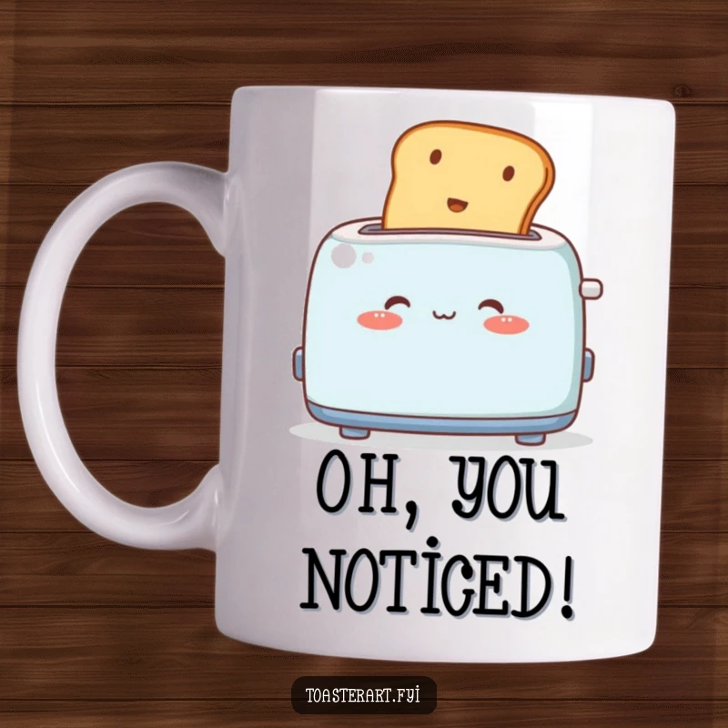 Funny Mug: A cute, blushing toaster character watches toast pop out, conveying sweet embarrassment.