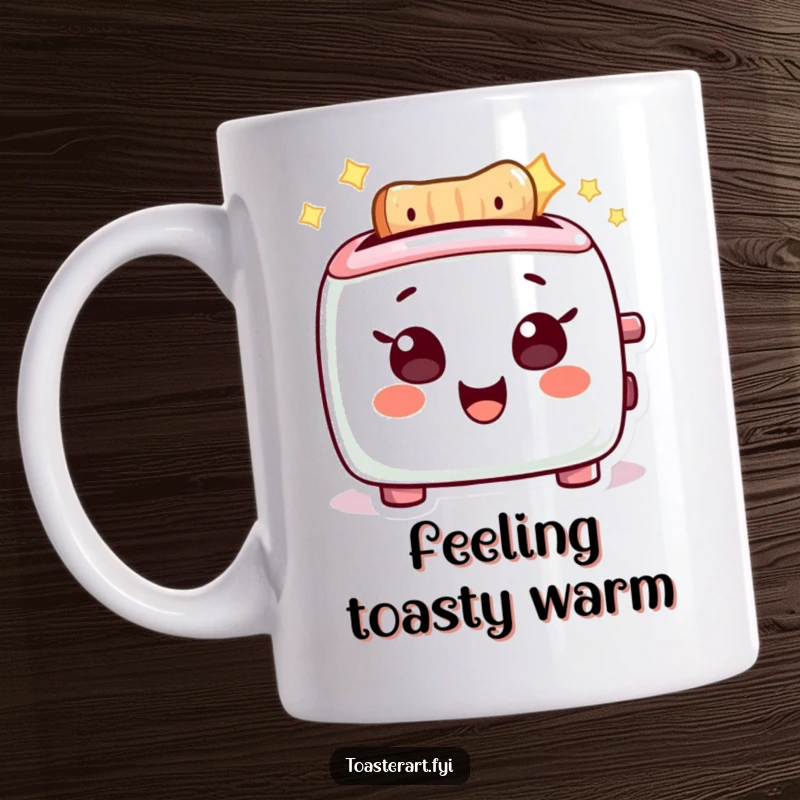 Funny Mug: A delighted toaster character glows intensely with happy, warm energy, radiating pure joy and fun.
