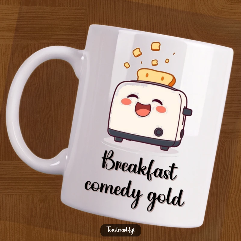 Funny Mug featuring a toaster character laughing uncontrollably as pieces of toast fly energetically out of it.