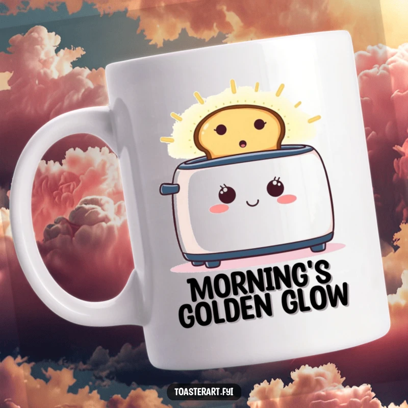 Funny mug art of a beaming toaster with toast emitting a divine, glowing aura of warmth and happiness.