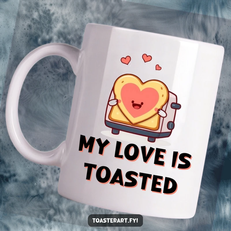 Funny mug featuring a toaster character gleefully making toast art in the shape of a heart, spreading love and warmth.
