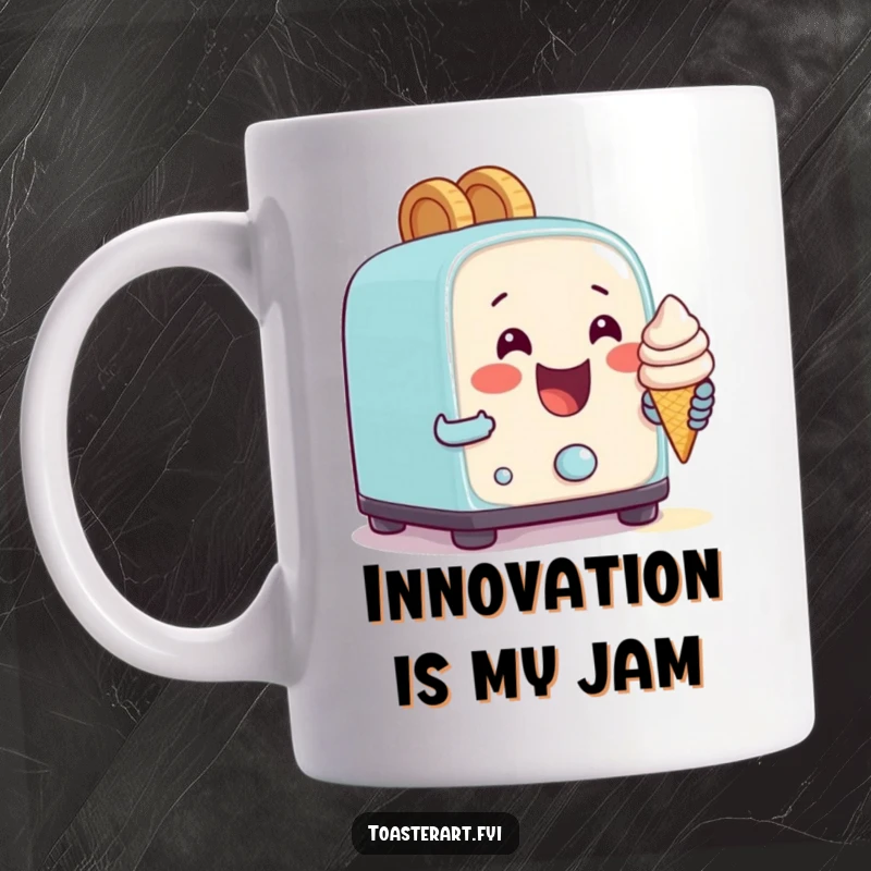 Funny mug showing a happy toaster character gleefully trying to bake a tiny ice cream cone, a comical kitchen dream.