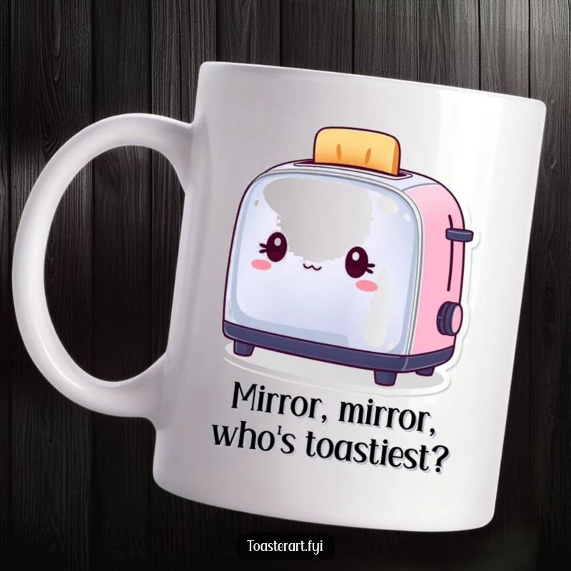 Funny Mug of a vain toaster character admiring its shiny reflection, showcasing pride and a humorous personality.