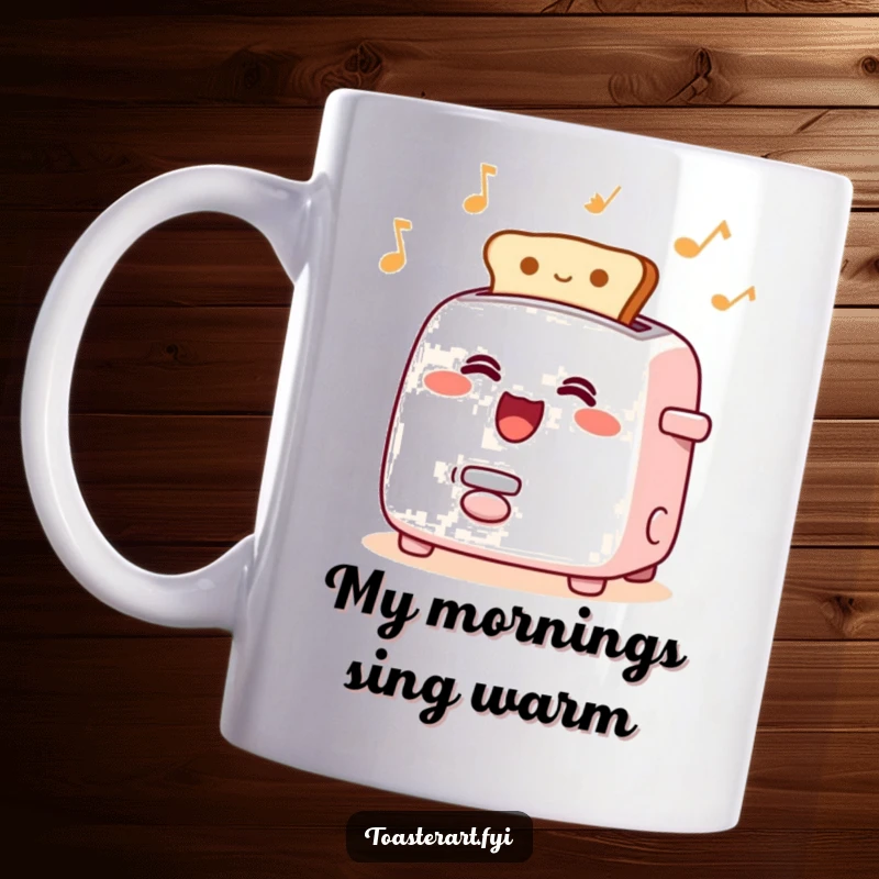 Funny mug featuring a happy toaster character singing joyfully as toast pops rhythmically, perfect for a cheerful morning.
