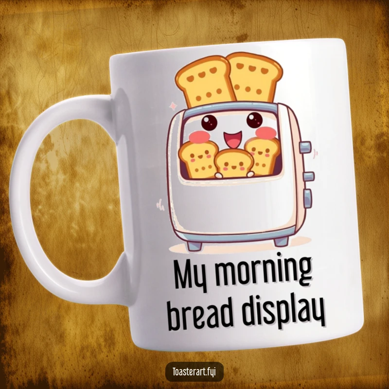 Funny mug with a cheerful toaster character joyfully ejecting golden-brown toast figures, symbolizing a great start to the day.