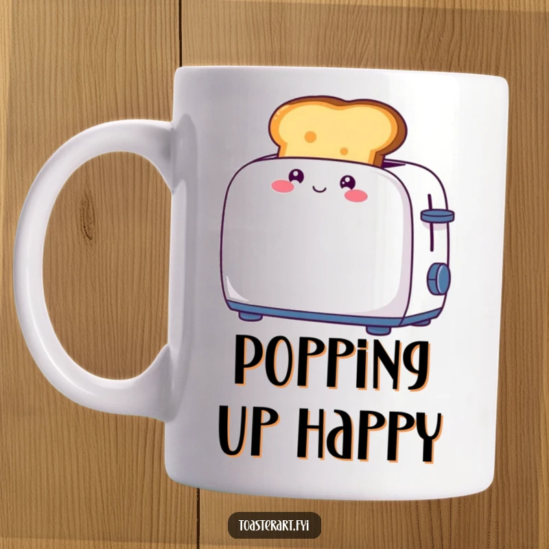 Funny mug featuring a giggling piece of toast character popping energetically out of a toaster, embodying breakfast happiness.