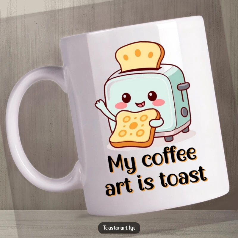 Funny mug with a cheerful toaster character creating intricate patterns by toasting bread, showcasing breakfast artistry.