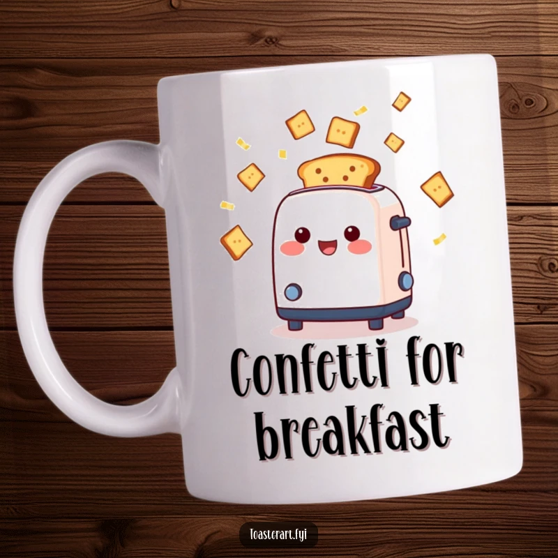 Funny cheerful toaster character ejecting perfectly toasted bread slices like confetti on a mug, symbolizing a joyous breakfast celebration.